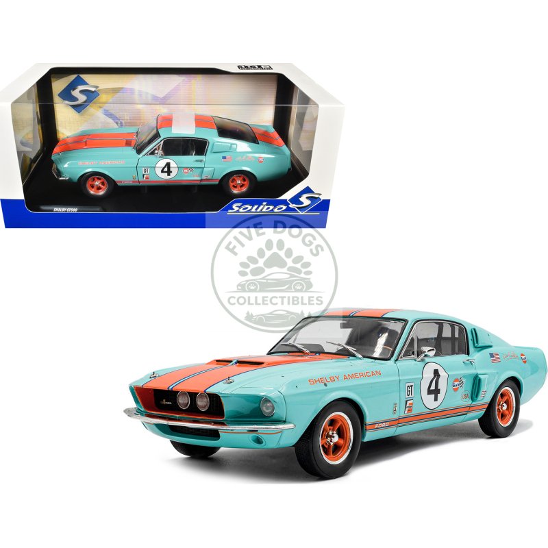 1967 shelby gt500 #4 "gulf racing tribute" light blue with orange stripes 1/18 diecast model car by solido