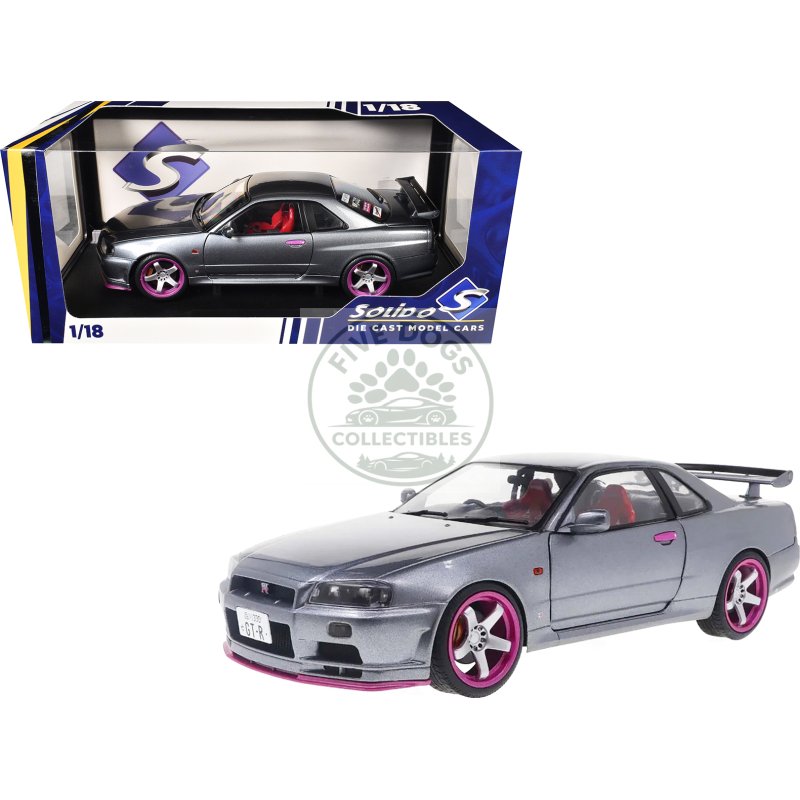 1999 nissan skyline gt r (r34) rhd (right hand drive) silver metallic with purple wheels 1/18 diecast model car by solido
