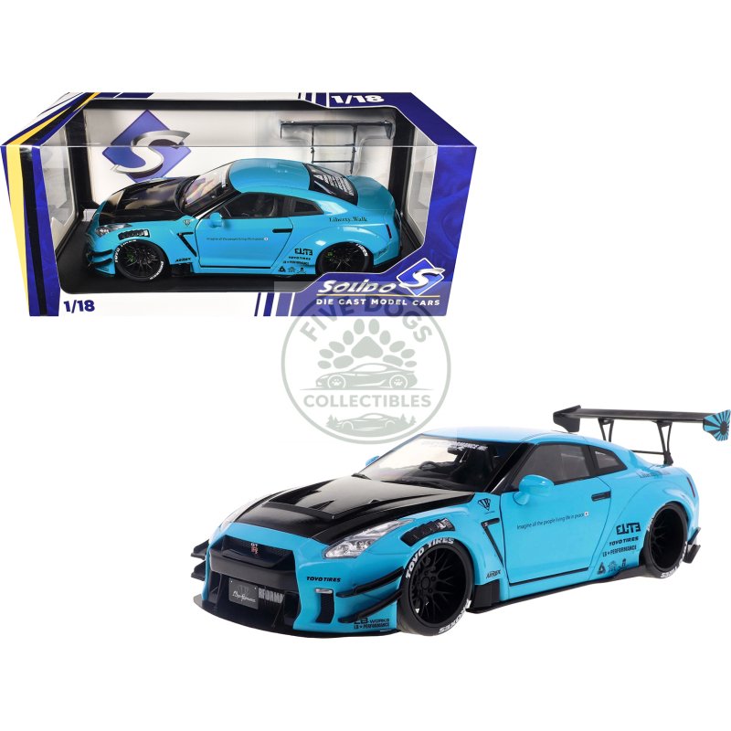 2023 nissan gt r (r35) liberty walk body kit 2.0 rhd (right hand drive) baby blue with carbon hood 1/18 diecast model car by solido
