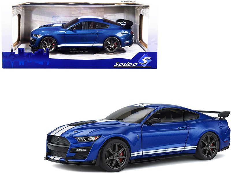 2020 ford mustang shelby gt500 fast track ford performance blue metallic with white stripes 1/18 diecast model car by solido 2020 ford mustang shelby gt500 fast track ford performance blue metallic with white stripes 1/18 diecast model car by solido