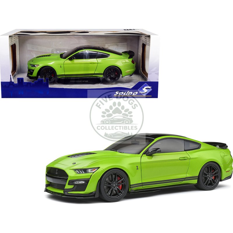 2020 ford mustang shelby gt500 grabber lime green metallic with black top and stripes 1/18 diecast model car by solido