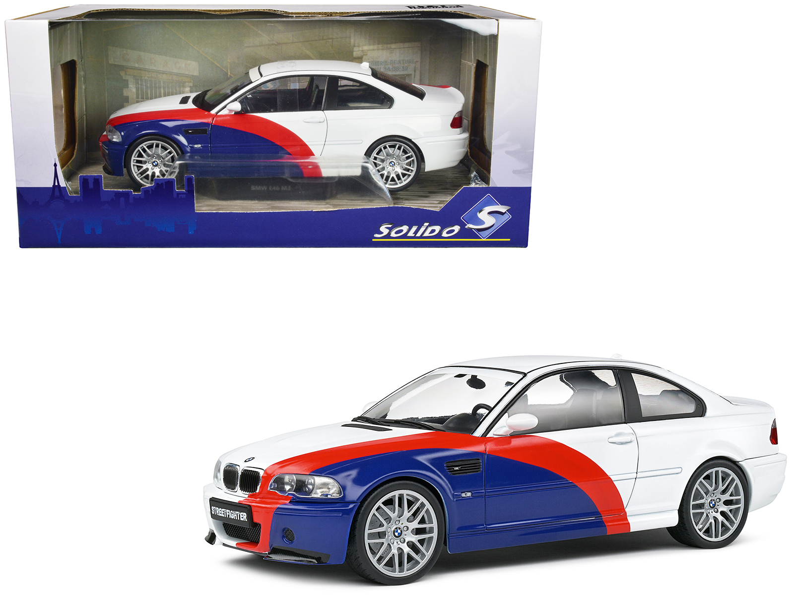 2000 bmw e46 m3 "streetfighter" white with blue and red graphics 1/18 diecast model car by solido 2000 bmw e46 m3 "streetfighter" white with blue and red graphics 1/18 diecast model car by solido