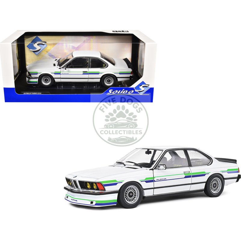 1984 bmw alpina b7 turbo (e24) white with blue and green graphics 1/18 diecast model car by solido