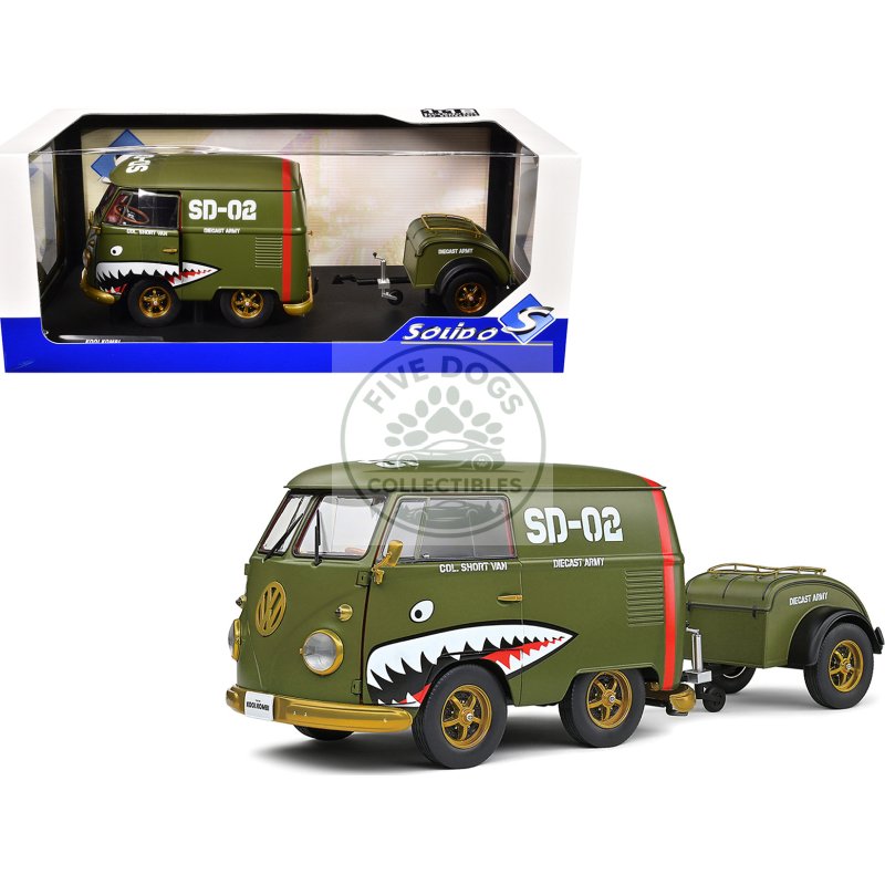 1950 volkswagen kool kombi van with trailer "army fighter" green with graphics 1/18 diecast model car by solido