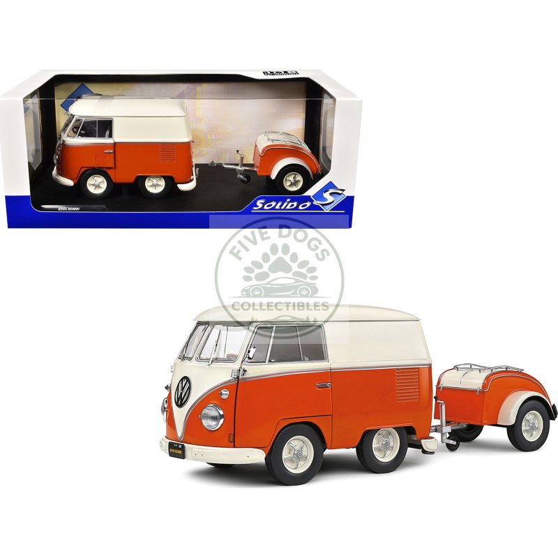1950 volkswagen kool kombi van with trailer orange and white 1/18 diecast model car by solido
