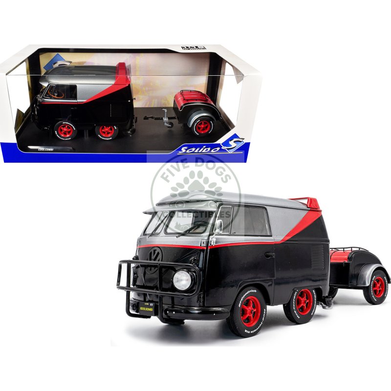 2024 volkswagen kool kombi sport van with trailer black and silver with red stripe 1/18 diecast model car by solido