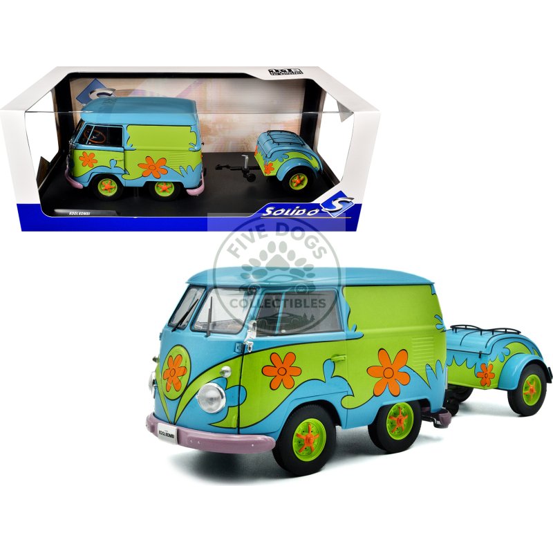 2024 volkswagen kool kombi van with trailer "ghost hunter" blue and green with graphics 1/18 diecast model car by solido
