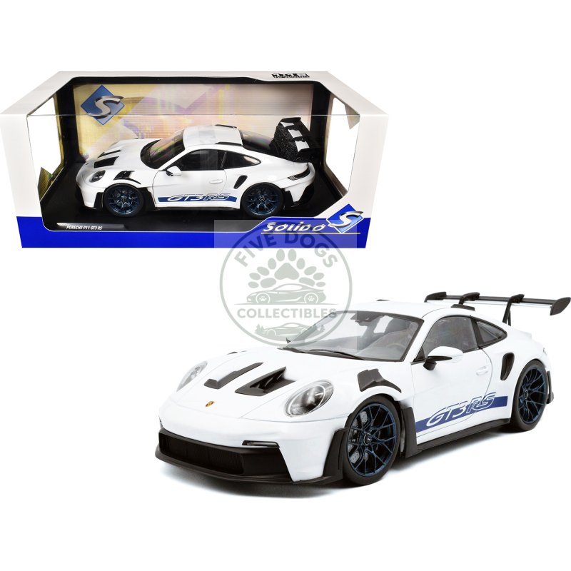 2024 porsche 911 (992) gt3 rs white with blue stripes 1/18 diecast model car by solido