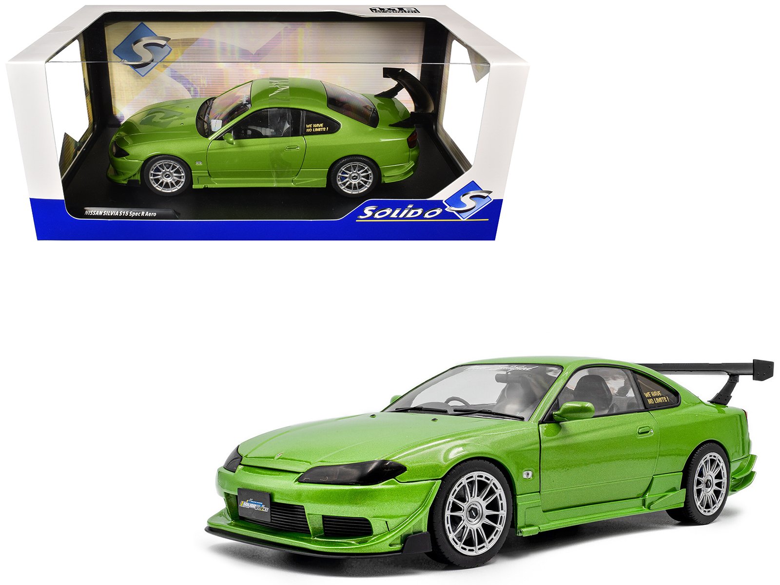 1999 nissan silvia s15 spec r aero rhd (right hand drive) "never satisfied" green metallic 1/18 diecast model car by solido 1999 nissan silvia s15 spec r aero rhd (right hand drive) "never satisfied" green metallic 1/18 diecast model car by solido