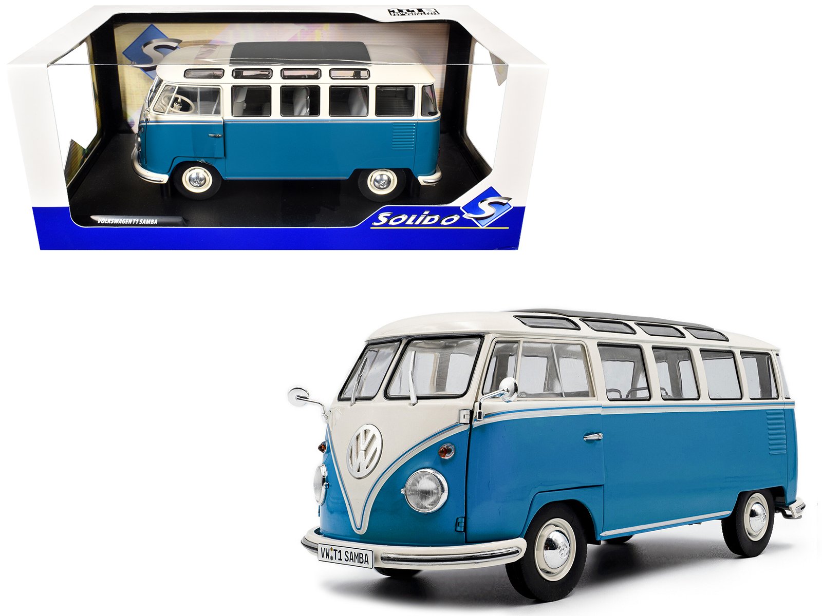 1962 volkswagen t1 samba bus baby blue and white 1/18 diecast model car by solido 1962 volkswagen t1 samba bus baby blue and white 1/18 diecast model car by solido