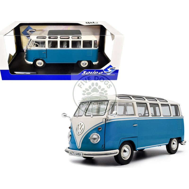 1962 volkswagen t1 samba bus baby blue and white 1/18 diecast model car by solido