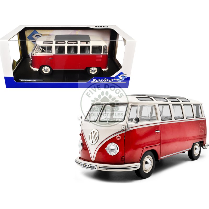 1962 volkswagen t1 samba bus red and white 1/18 diecast model car by solido