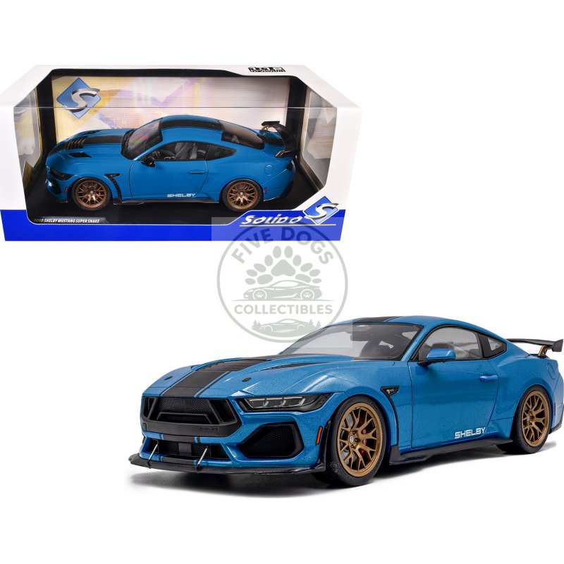 2024 ford shelby mustang super snake grabber blue metallic with black stripes 1/18 diecast model car by solido