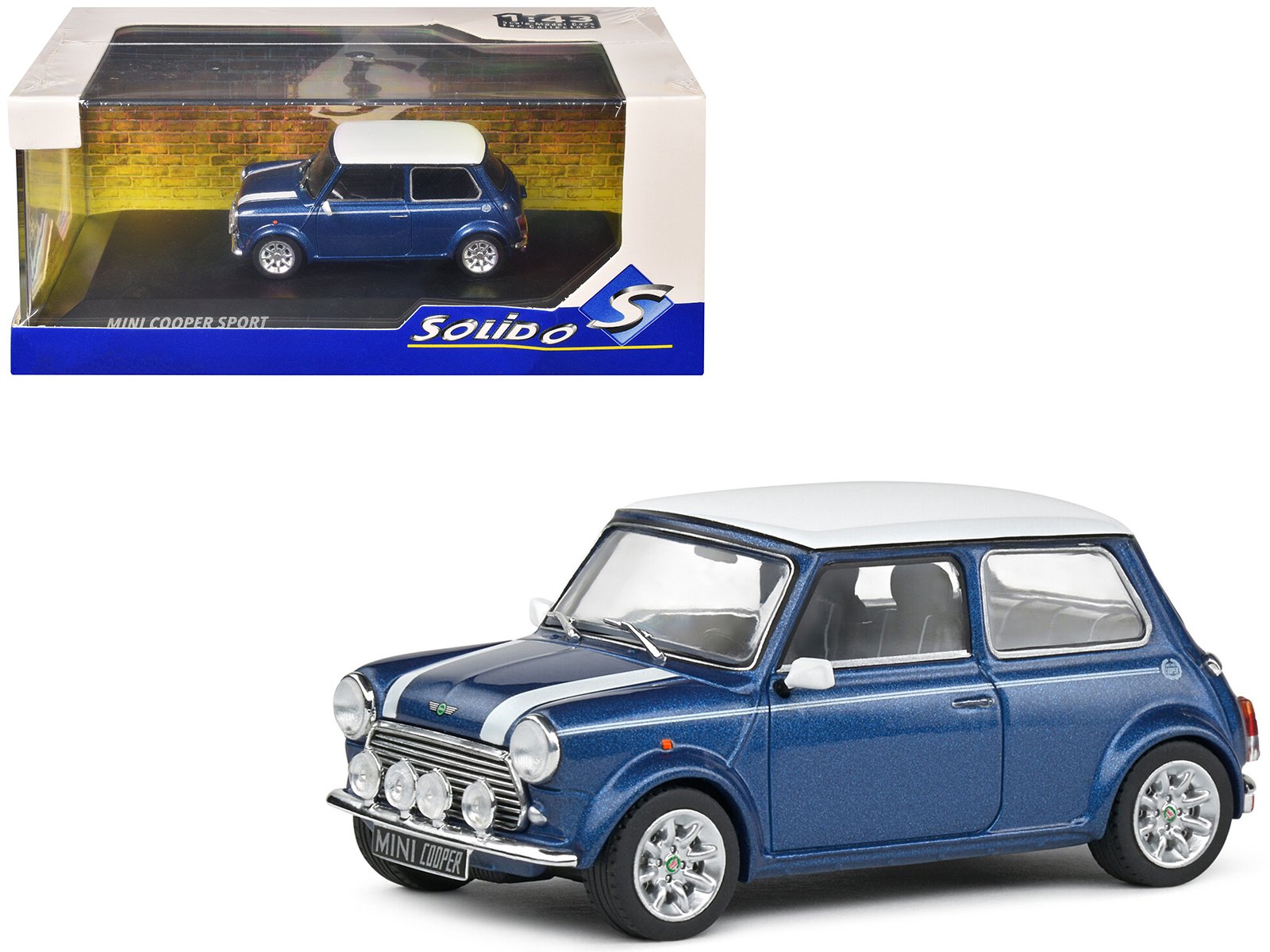 1994 mini cooper sport tahiti blue metallic with white top and stripes 1/43 diecast model car by solido 1994 mini cooper sport tahiti blue metallic with white top and stripes 1/43 diecast model car by solido