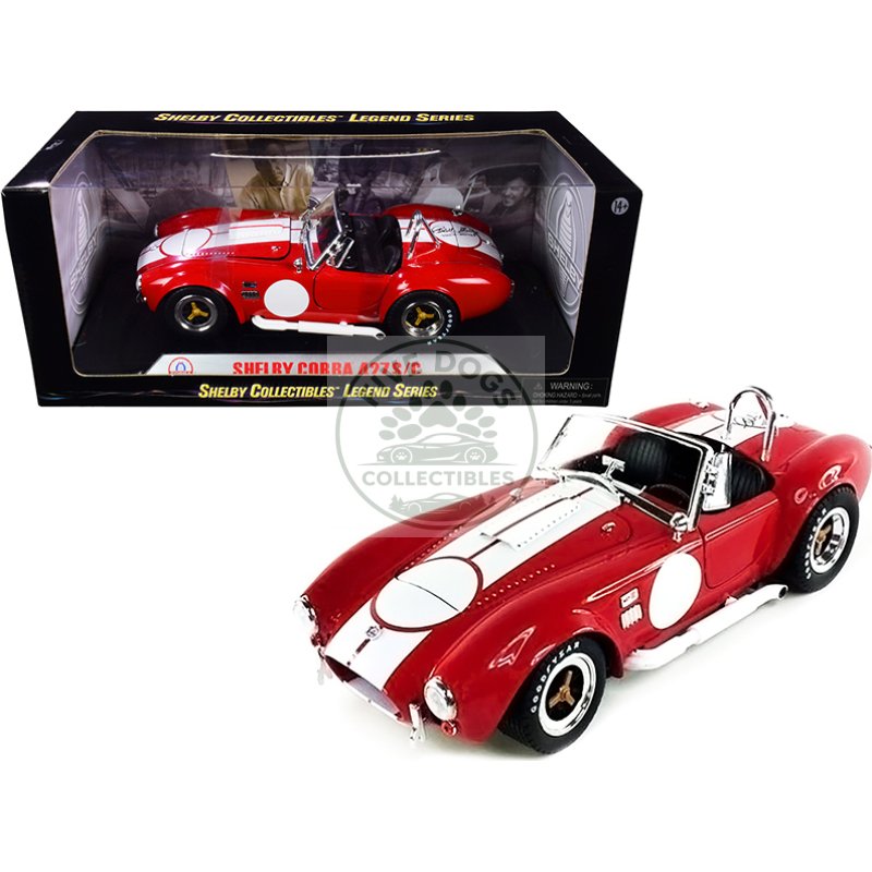 1965 shelby cobra 427 s/c red with white stripes with printed carroll shelby's signature on the trunk 1/18 diecast model car by shelby collectibles