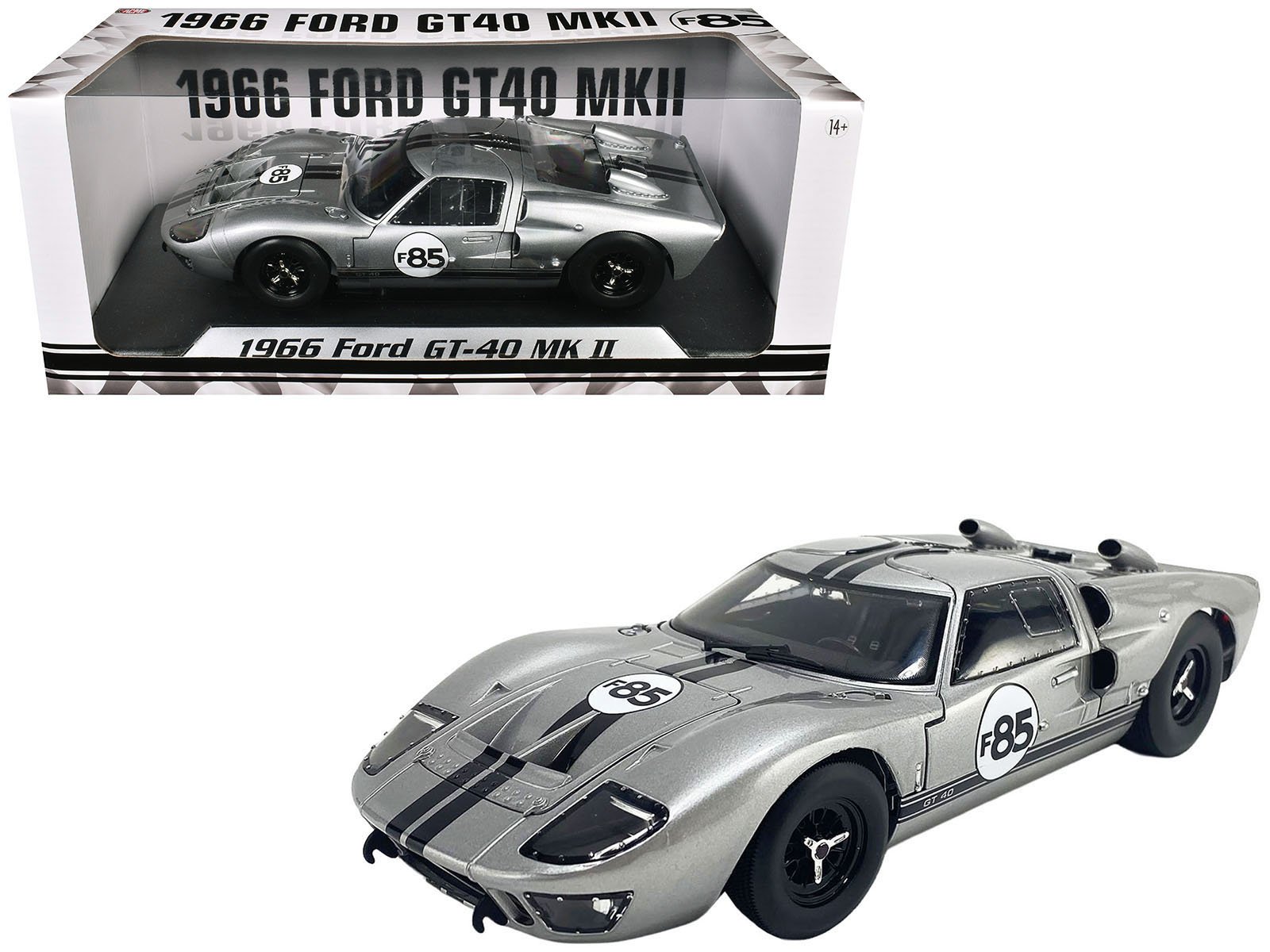 1966 ford gt 40 mkii #f85 silver metallic with black stripes 1/18 diecast model car by acme 1966 ford gt 40 mkii #f85 silver metallic with black stripes 1/18 diecast model car by acme