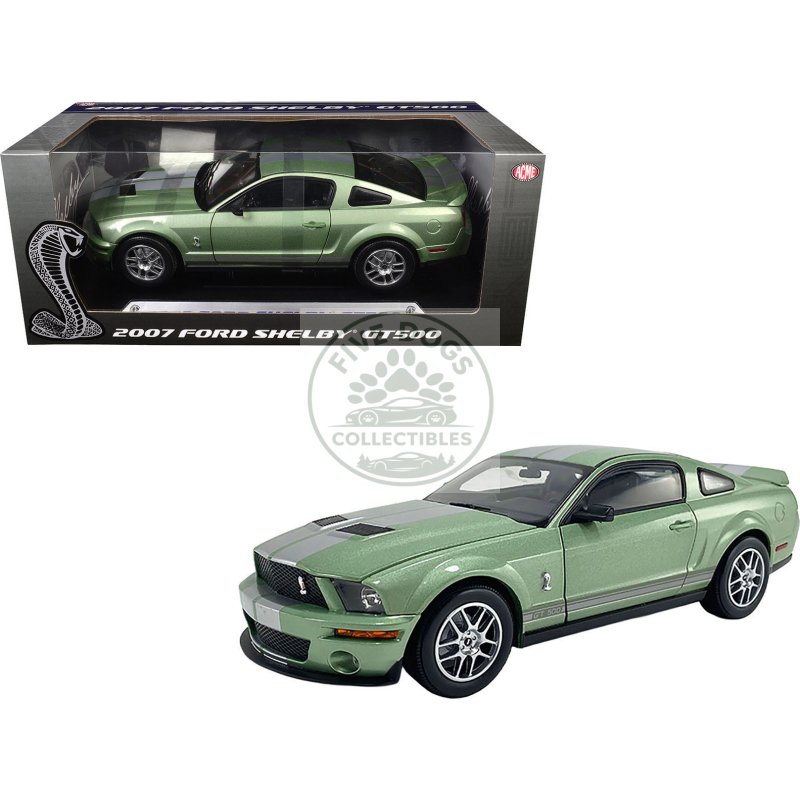 2007 ford shelby gt500 lime green metallic with silver stripes "shelby collectibles" series 1/18 diecast model car by acme
