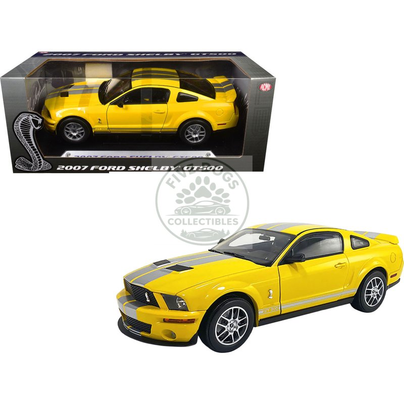 2007 ford shelby gt500 yellow with silver stripes "shelby collectibles" series 1/18 diecast model car by acme
