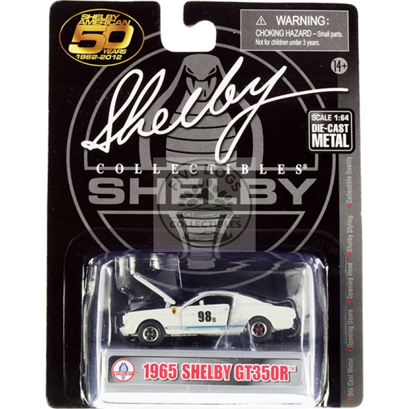 1965 ford mustang shelby gt350r #98b "terlingua racing team" white with blue stripes "shelby american 50 years" (1962 2012) 1/64 diecast model car by shelby collectibles