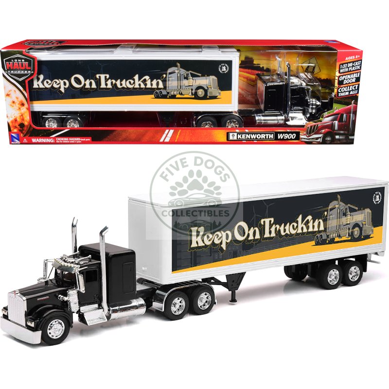 kenworth w900 truck black with dry van trailer "tribute to truckers keep on truckin'" "long haul truckers" series 1/32 diecast model by new ray