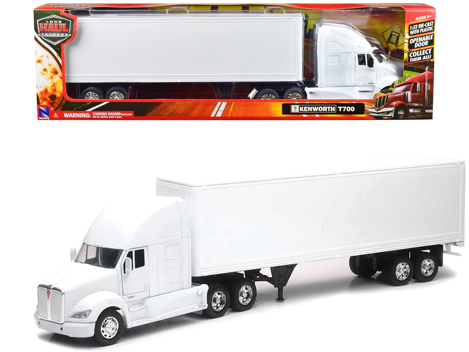 kenworth t700 truck with dry goods trailer white "long haul truckers" series 1/32 diecast model by new ray kenworth t700 truck with dry goods trailer white "long haul truckers" series 1/32 diecast model by new ray