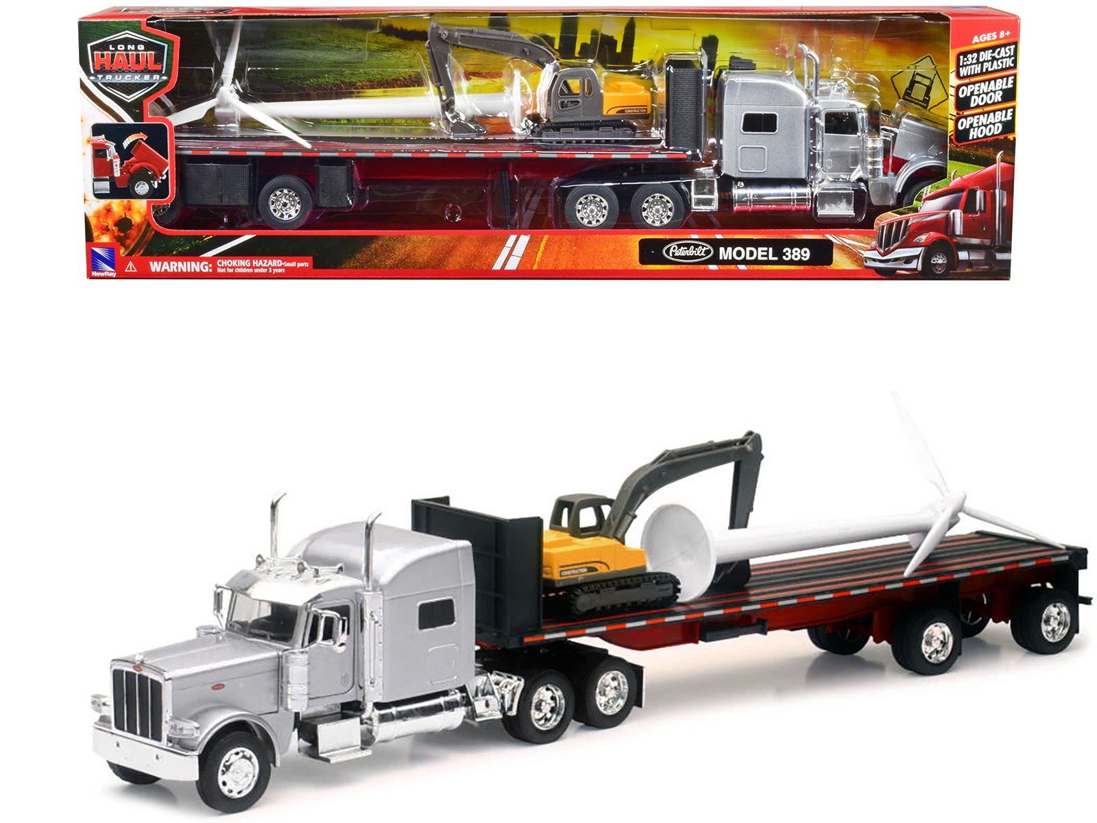 peterbilt 389 truck with flatbed trailer silver metallic with excavator and wind turbine "long haul truckers" series 1/32 diecast model by new ray peterbilt 389 truck with flatbed trailer silver metallic with excavator and wind turbine "long haul truckers" series 1/32 diecast model by new ray