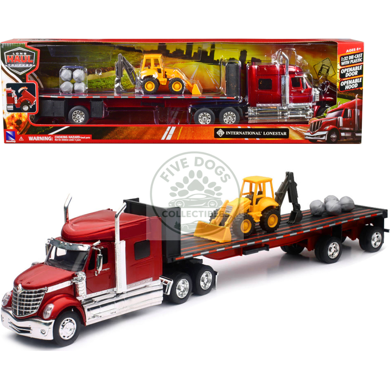 international lonestar truck with flatbed trailer red metallic with front loader and rocks "long haul truckers" series 1/32 diecast model by new ray