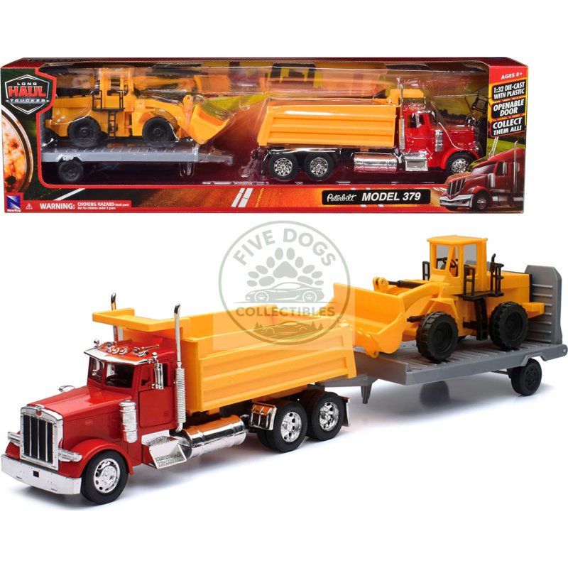 peterbilt 379 dump truck red and wheel loader yellow with flatbed trailer "long haul truckers" series 1/32 diecast model by new ray