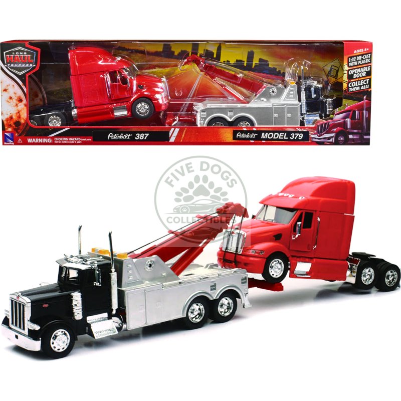 peterbilt 379 tow truck black with peterbilt 387 truck tractor red set of 2 pieces 1/32 diecast model by new ray