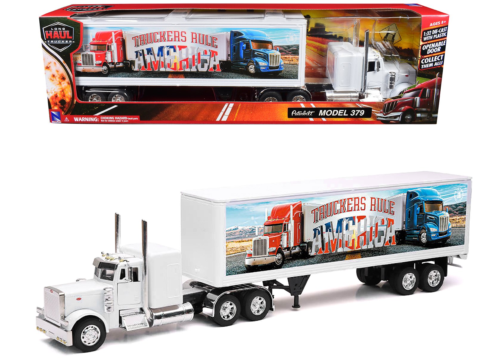 peterbilt 379 truck white with dry van trailer "truckers rule america" "long haul truckers" series 1/32 diecast model by new ray peterbilt 379 truck white with dry van trailer "truckers rule america" "long haul truckers" series 1/32 diecast model by new ray