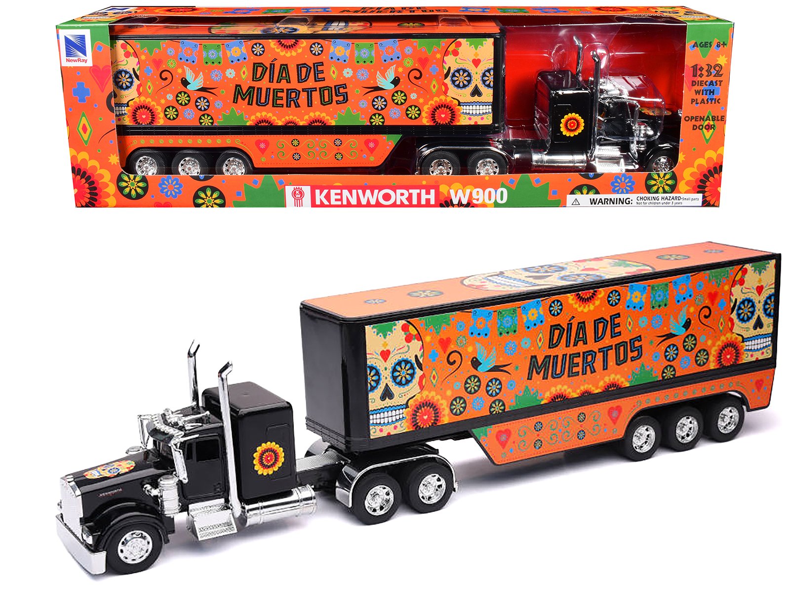 kenworth w900 truck black with graphics and dry van trailer "dia de muertos" 1/32 diecast model by new ray kenworth w900 truck black with graphics and dry van trailer "dia de muertos" 1/32 diecast model by new ray