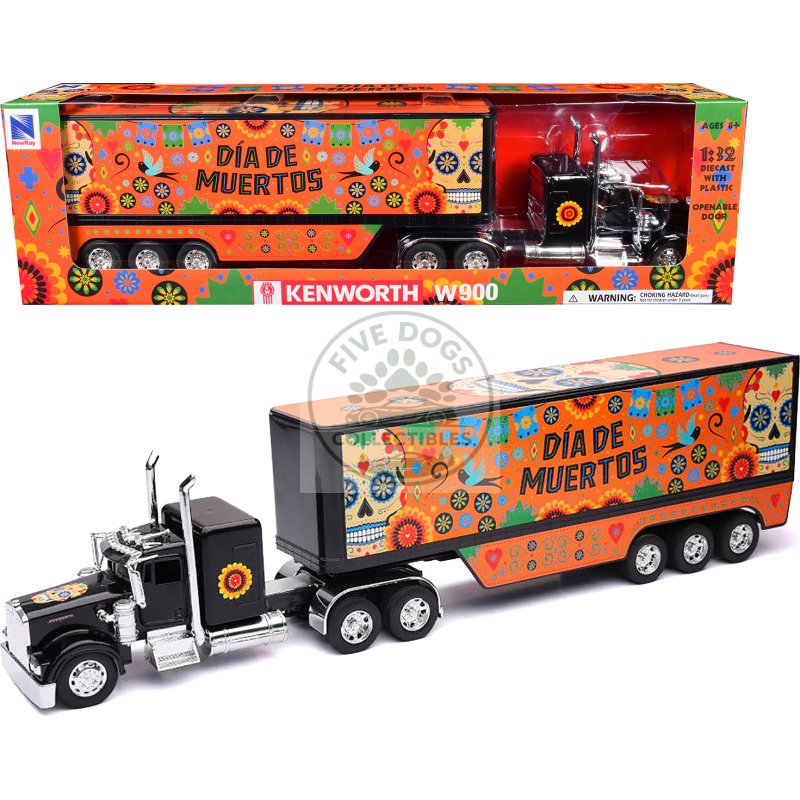kenworth w900 truck black with graphics and dry van trailer "dia de muertos" 1/32 diecast model by new ray