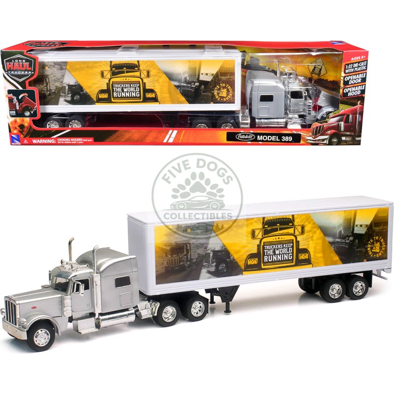 peterbilt 389 truck silver metallic with dry van trailer "trucker keep the world running" "long haul truckers" series 1/32 diecast model by new ray