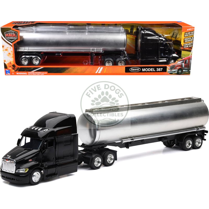 peterbilt 387 truck black with tanker trailer silver "long haul truckers" series 1/43 diecast model by new ray