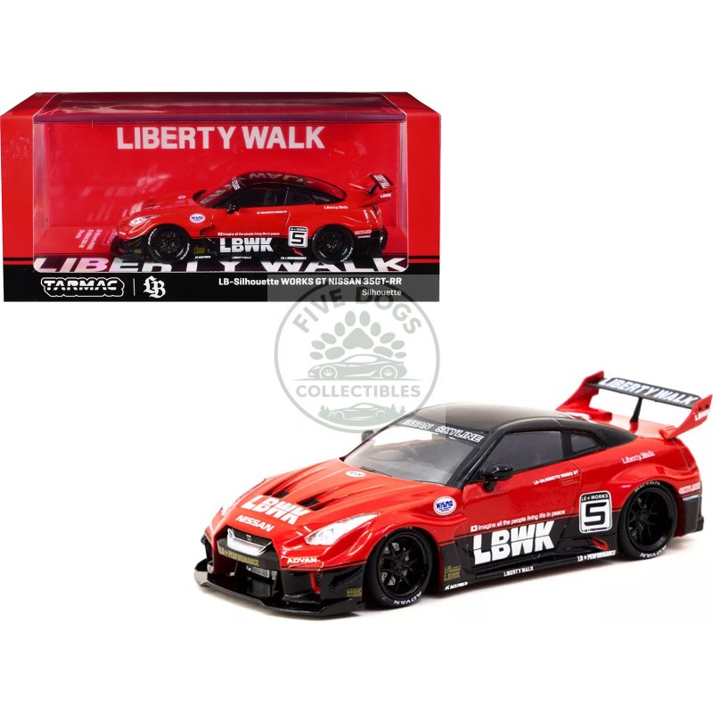nissan 35gt rr lb silhouette works gt rhd (right hand drive) #5 "liberty walk" red and black "hobby43" series 1/43 diecast model car by tarmac works