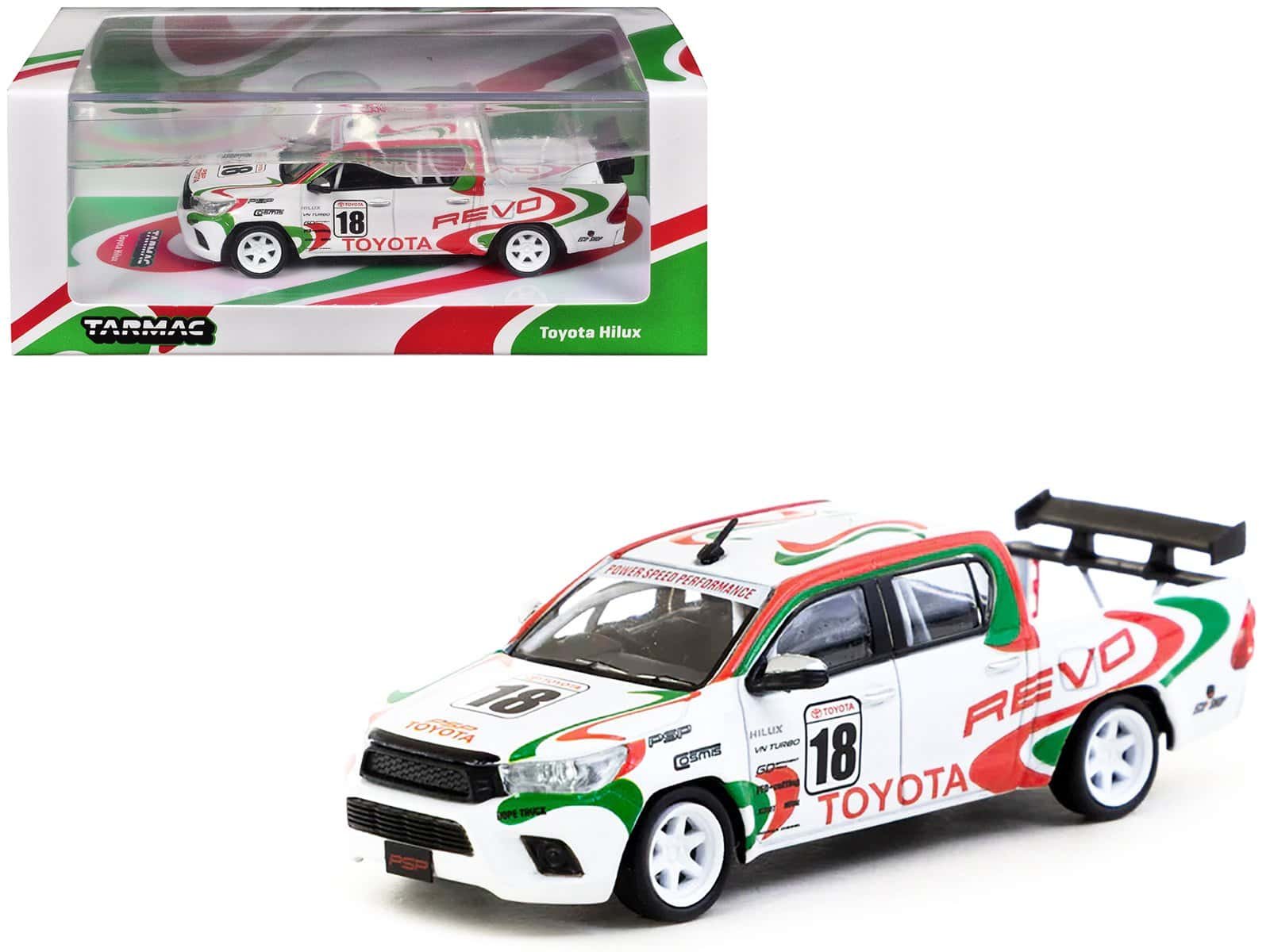 Toyota Hilux Revo diecast model car for collectors and enthusiasts Diecast Toyota Hilux Revo model car in white with red and green racing stripes, detailed design, and.