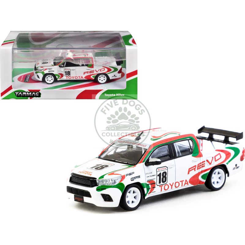 toyota hilux pickup truck rhd (right hand drive) #18 white with red and green graphics "hobby64" series 1/64 diecast model car by tarmac works