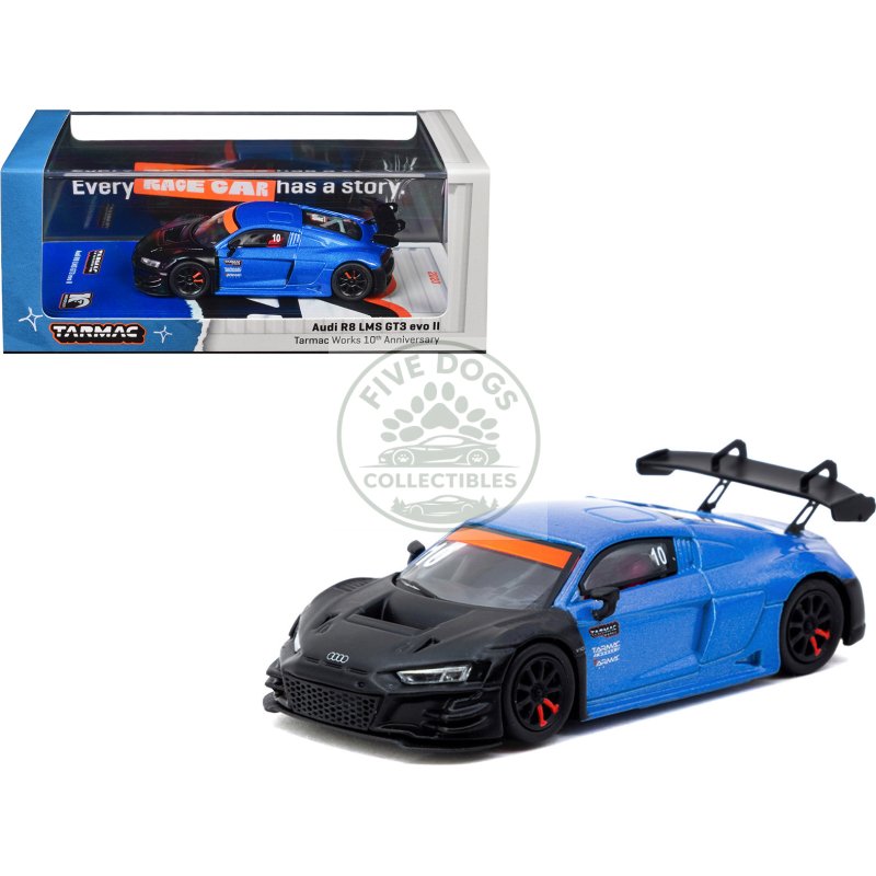 audi r8 lms gt3 evo ii #10 "tarmac works 10th anniversary" blue metallic and matt black "hobby64" series 1/64 diecast model car by tarmac works
