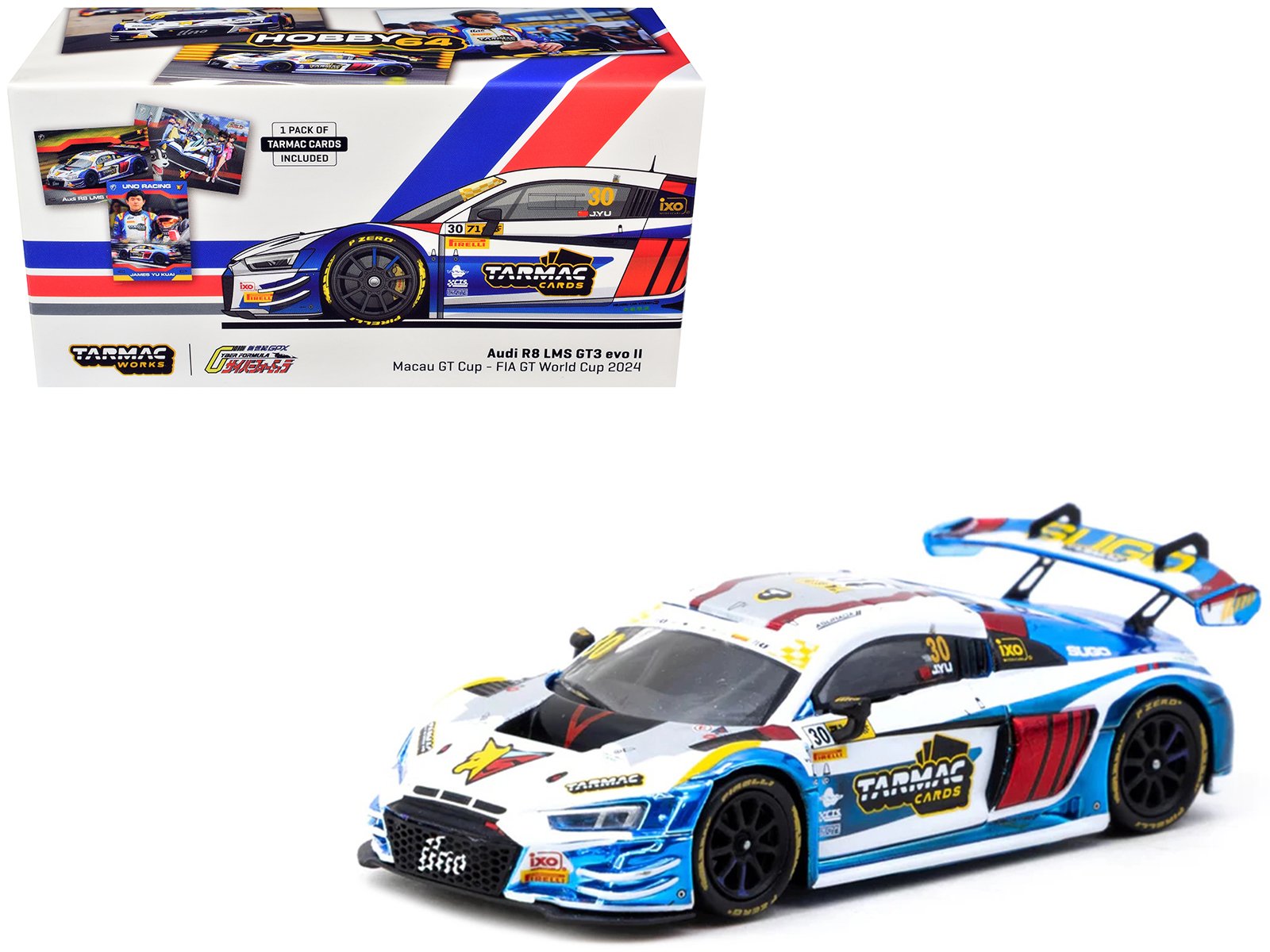 audi r8 lms gt3 evo ii #30 james yu "uno racing team" "macau gt cup fia gt world cup" (2024) with plastic transporter packaging and collectible tarmac cards "hobby64" series 1/64 diecast model car by tarmac works audi r8 lms gt3 evo ii #30 james yu "uno racing team" "macau gt cup fia gt world cup" (2024) with plastic transporter packaging and collectible tarmac cards "hobby64" series 1/64 diecast model car by tarmac works