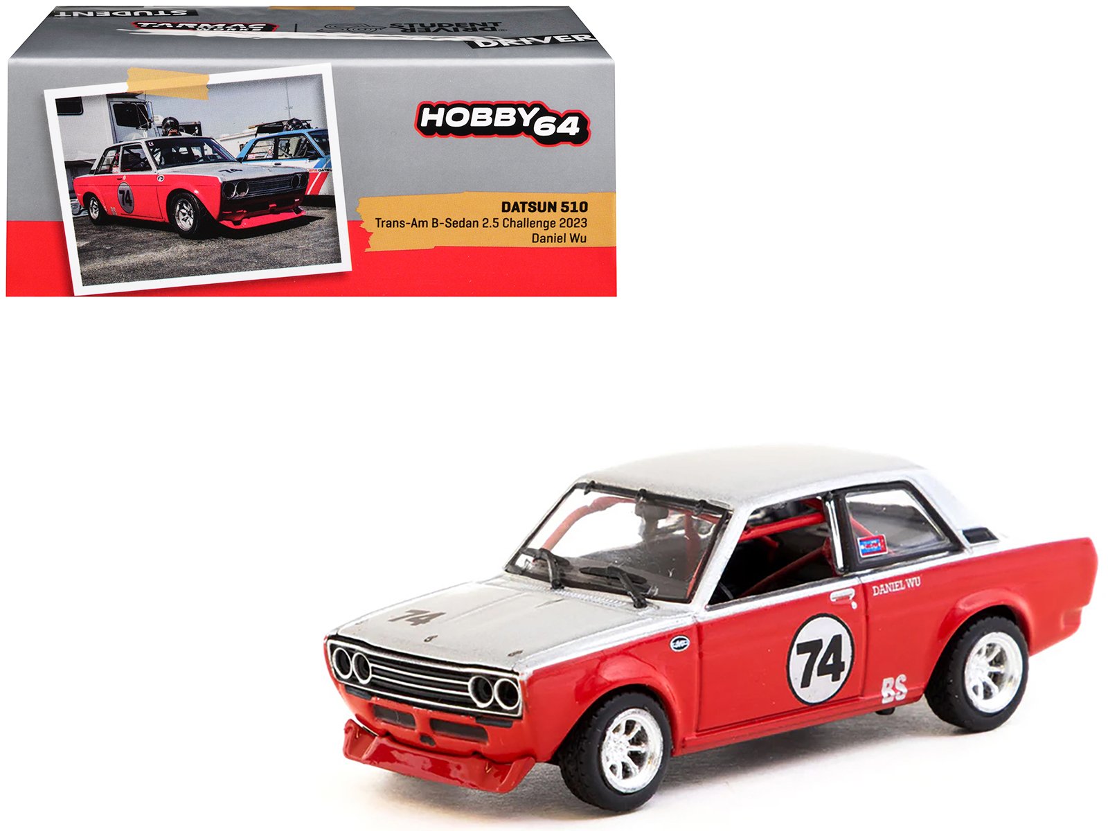 datsun 510 #74 daniel wu "trans am b sedan 2.5 challenge" (2023) silver and red "hobby64" series 1/64 diecast model car by tarmac works datsun 510 #74 daniel wu "trans am b sedan 2.5 challenge" (2023) silver and red "hobby64" series 1/64 diecast model car by tarmac works