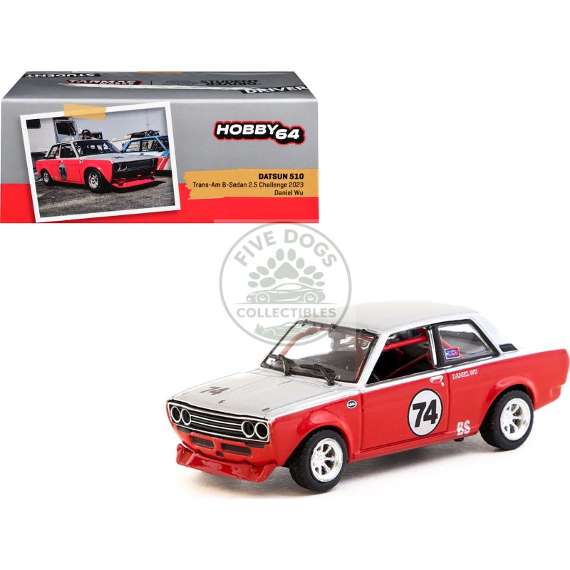 datsun 510 #74 daniel wu "trans am b sedan 2.5 challenge" (2023) silver and red "hobby64" series 1/64 diecast model car by tarmac works