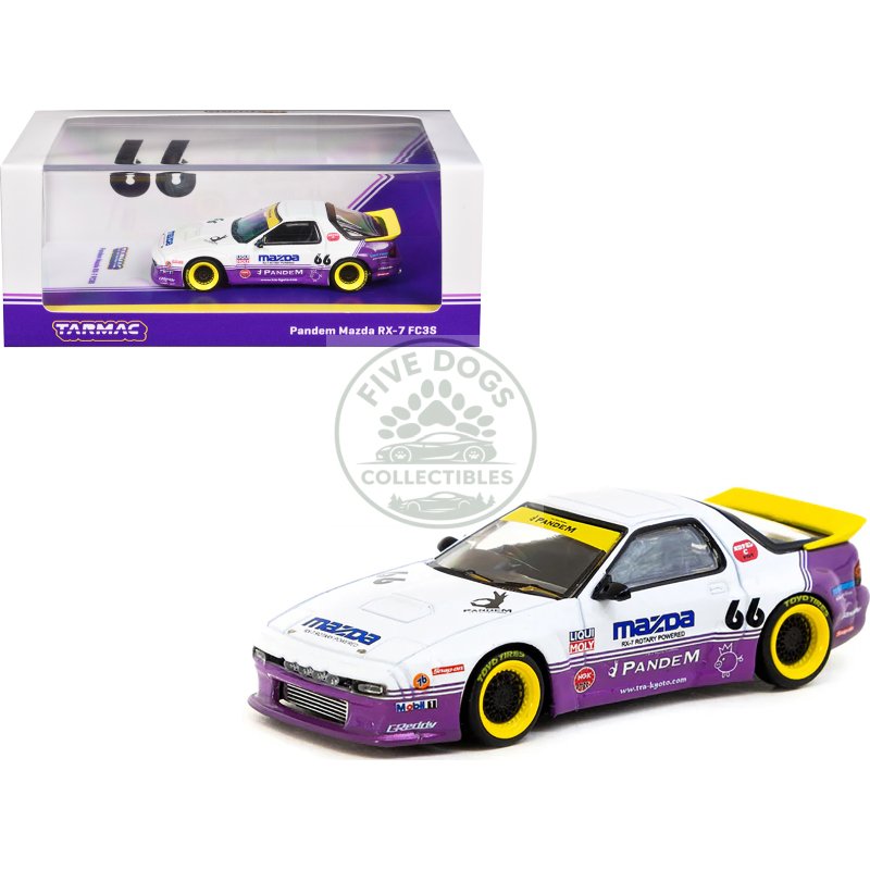 mazda rx 7 fc3s pandem rhd (right hand drive) #66 white and purple with graphics "hobby64" series 1/64 diecast model car by tarmac works