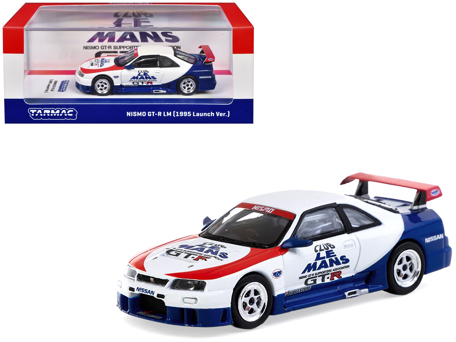 nissan nismo gt r lm rhd (right hand drive) "1995 launch version" white with red and blue accents "hobby64" series 1/64 diecast model car by tarmac works nissan nismo gt r lm rhd (right hand drive) "1995 launch version" white with red and blue accents "hobby64" series 1/64 diecast model car by tarmac works