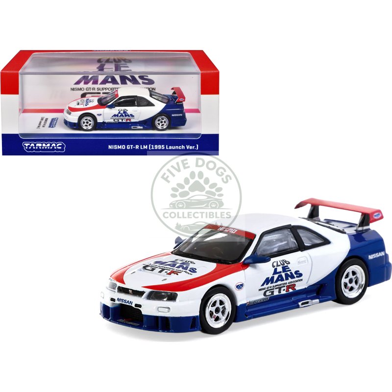 nissan nismo gt r lm rhd (right hand drive) "1995 launch version" white with red and blue accents "hobby64" series 1/64 diecast model car by tarmac works