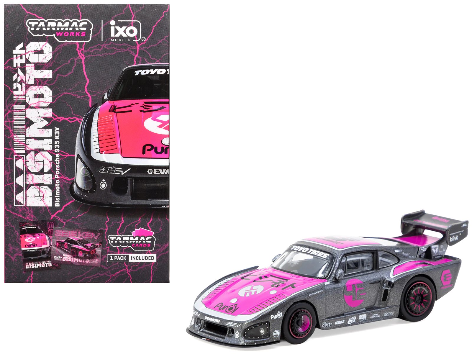 porsche 935 k3v bisimoto gray metallic with pink hood and top with tarmac cards "hobby64" series 1/64 diecast model by tarmac works porsche 935 k3v bisimoto gray metallic with pink hood and top with tarmac cards "hobby64" series 1/64 diecast model by tarmac works