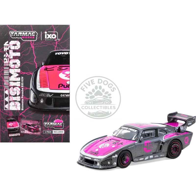 porsche 935 k3v bisimoto gray metallic with pink hood and top with tarmac cards "hobby64" series 1/64 diecast model by tarmac works