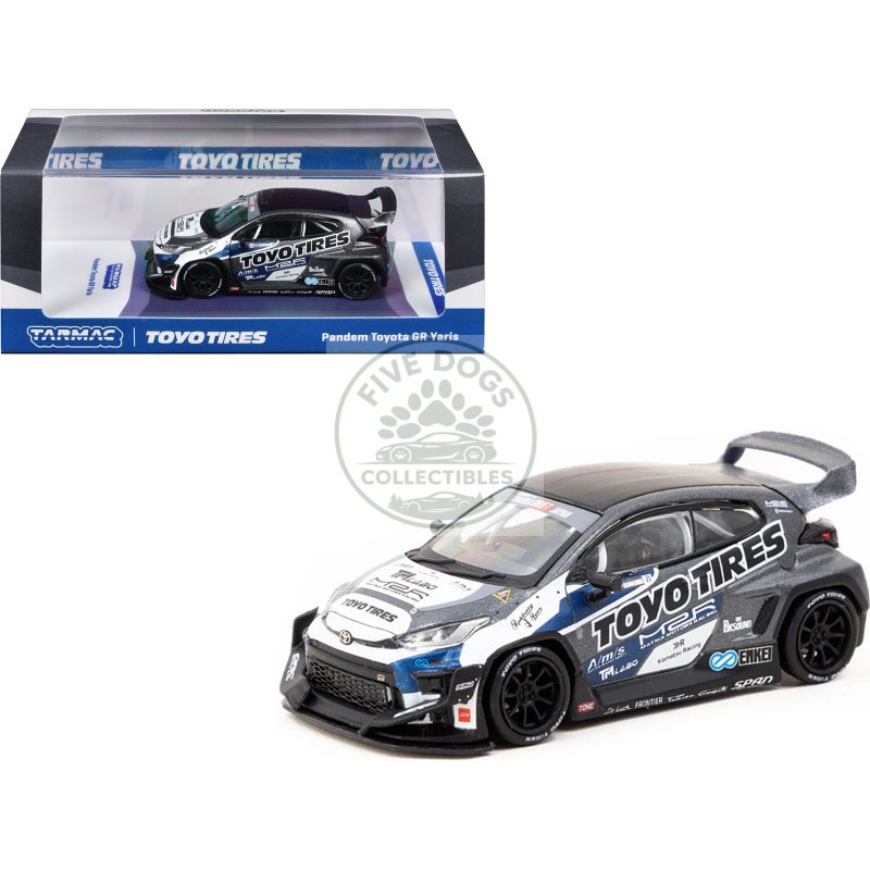 toyota pandem gr yaris rhd (right hand drive) "toyo tires" gray metallic with graphics "hobby64" series 1/64 diecast model car by tarmac works