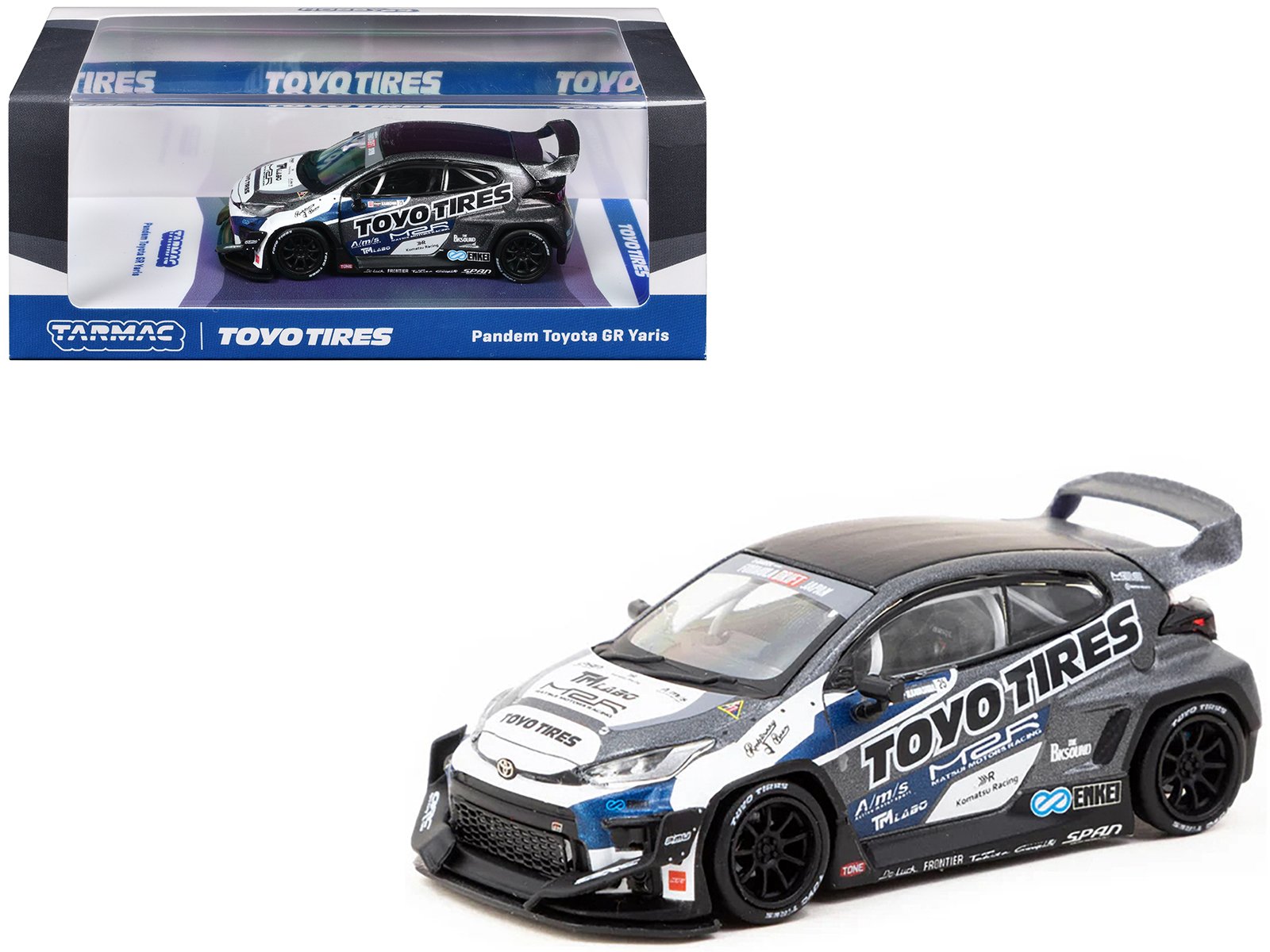 toyota pandem gr yaris rhd (right hand drive) "toyo tires" gray metallic with graphics "hobby64" series 1/64 diecast model car by tarmac works toyota pandem gr yaris rhd (right hand drive) "toyo tires" gray metallic with graphics "hobby64" series 1/64 diecast model car by tarmac works