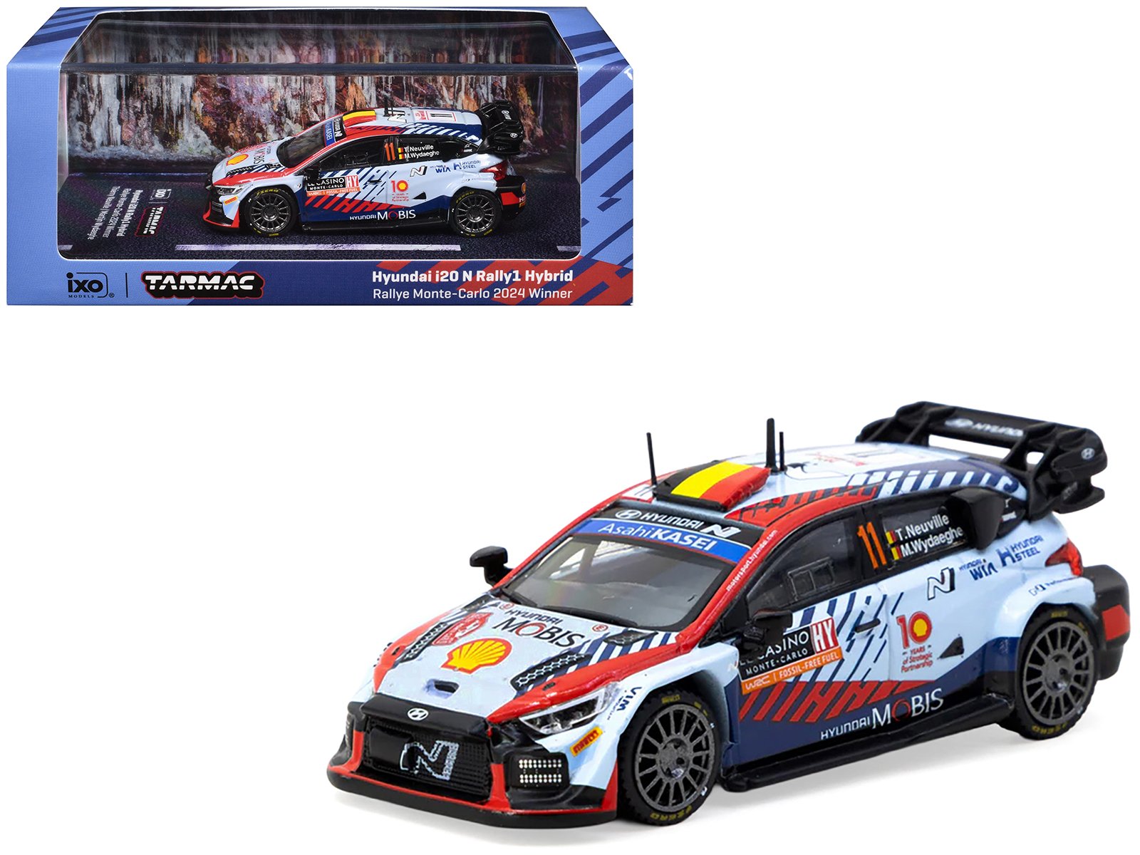 hyundai i20 n rally1 hybrid #11 thierry neuville martijn wydaeghe winner "rallye monte carlo" (2024) "hobby64" series 1/64 diecast model by tarmac works hyundai i20 n rally1 hybrid #11 thierry neuville martijn wydaeghe winner "rallye monte carlo" (2024) "hobby64" series 1/64 diecast model by tarmac works