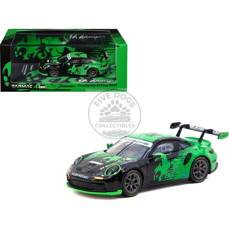 porsche 911 gt3 cup (992) "fire monkey motorsport" black and green with graphics "hobby64" series 1/64 diecast model car by tarmac works
